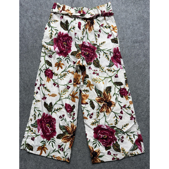 Zara Pants - Joie Pants Womens 4 Pink White Floral Linen Blend Wide Leg Paperbag Waist Crop